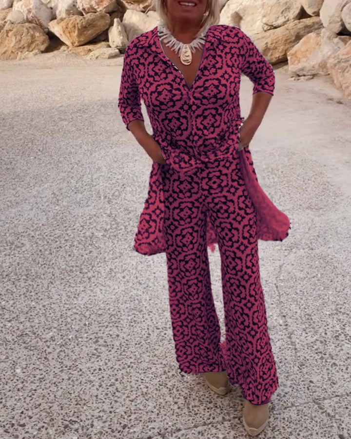 Olivia | Printed V-Neck Tunic Top And Wide Leg Trousers Set