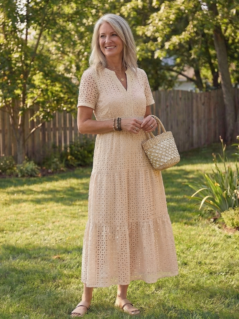 Odelisse | Midi Dress – Short Sleeve Eyelet Style