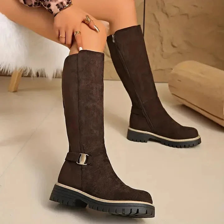 Deborah | Chic Lug Sole Buckle Accent Knee High Boots