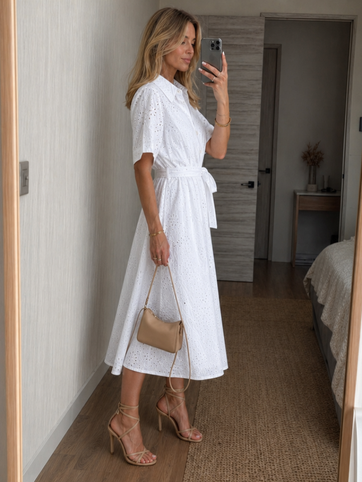 Eden | Midi Dress – Short Sleeve Button Front with Waist Tie
