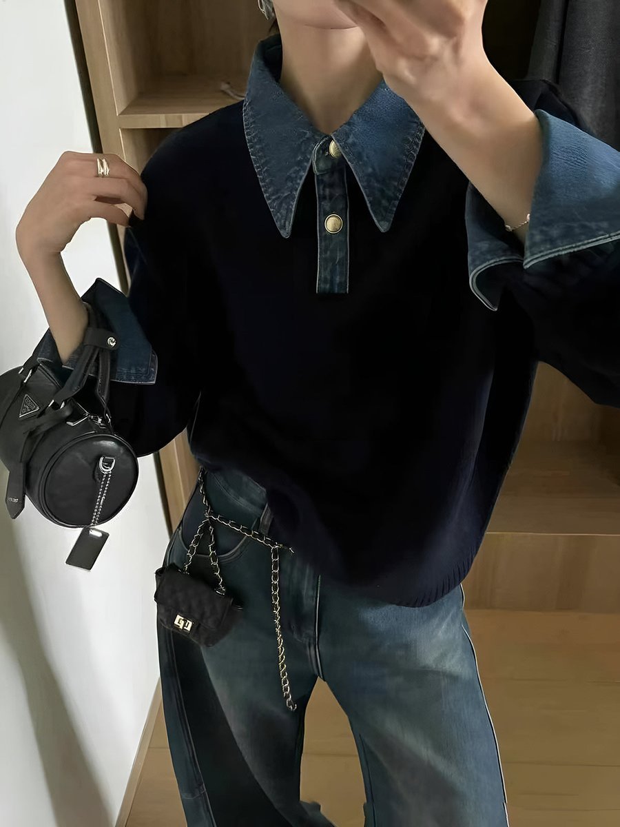 Amelie | 2-in-1 Sweater with Denim Collar and Metal Buttons