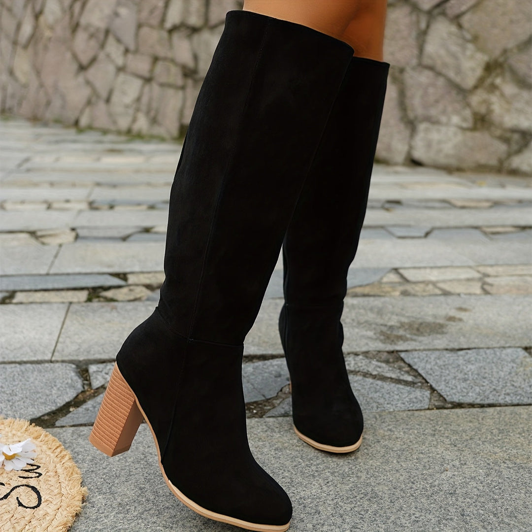 Isla | Pointed Toe Stacked Block Heel Knee High Boots