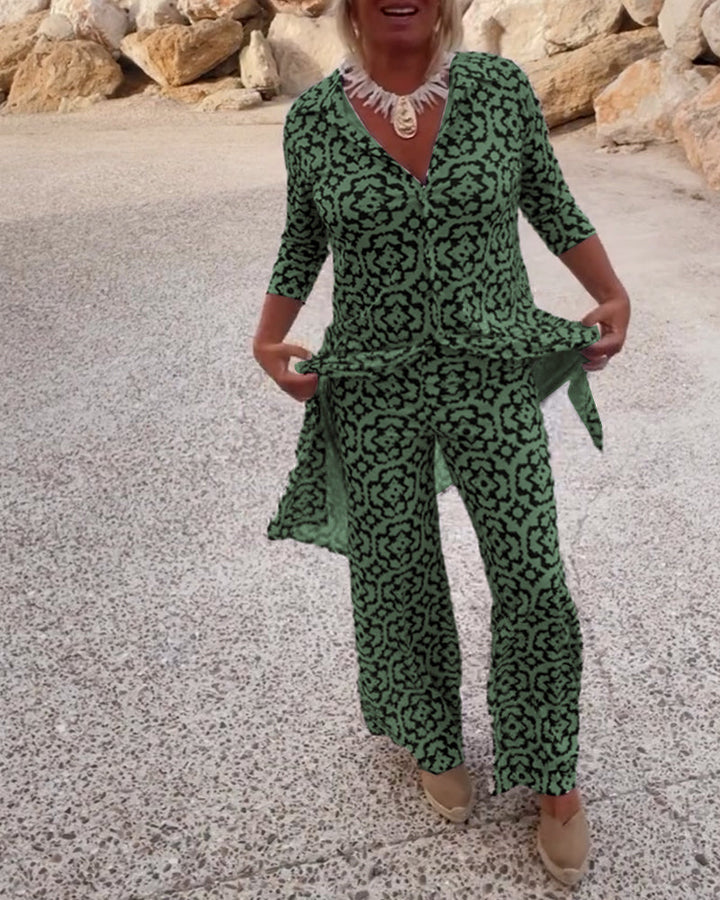 Olivia | Printed V-Neck Tunic Top And Wide Leg Trousers Set