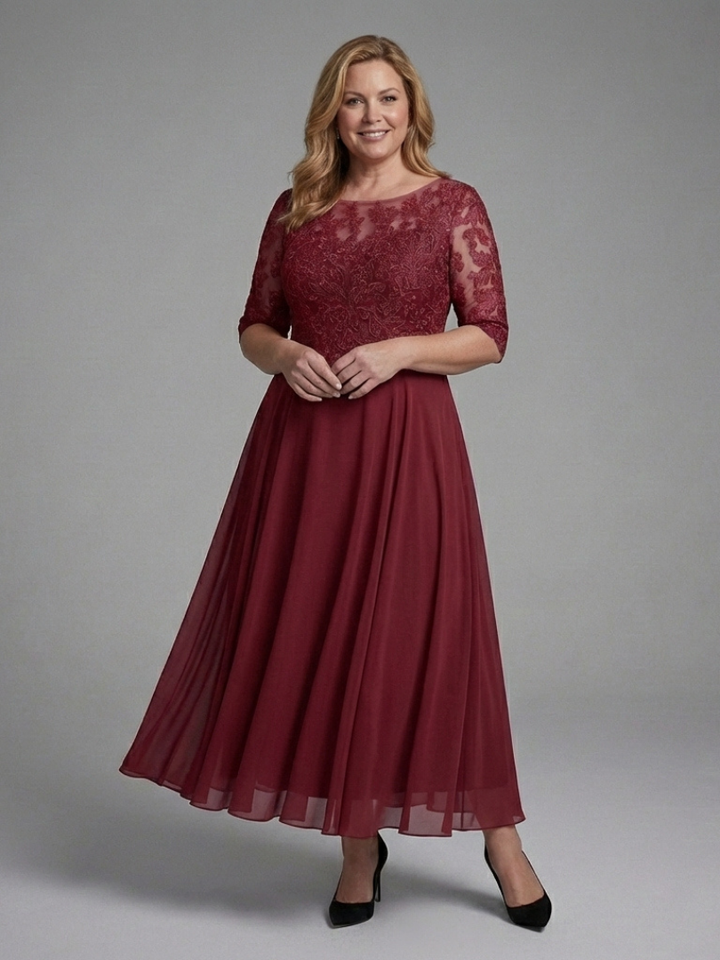 Olivine | Lace Midi Dress – Sheer Sleeves for Women