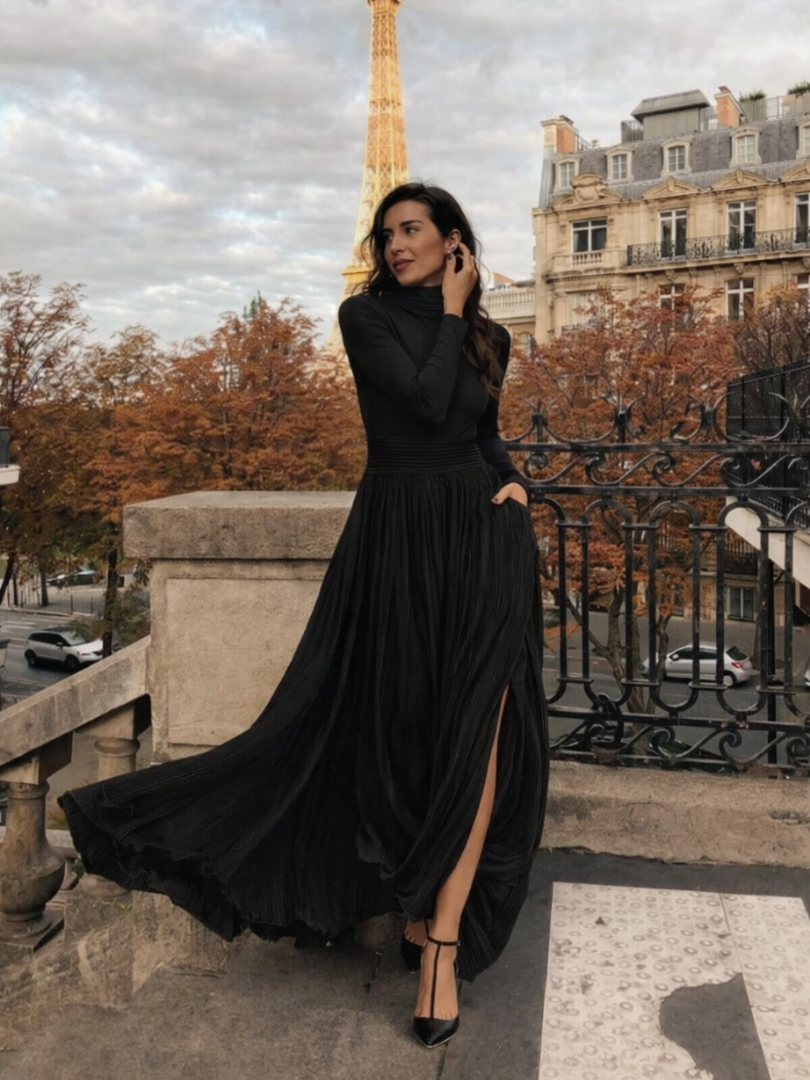 Isla | Pleated Maxi Dress – Elegant Turtleneck Style for Women