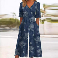 Sienna | Boho-Jumpsuit mit Blumenmuster, V-Ausschnitt und geradem Bein