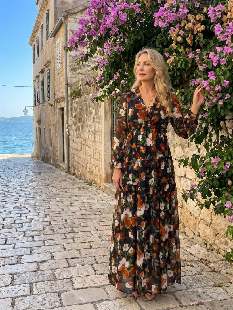 Isadora | Langarm-Maxikleid für den Herbst mit Blumenmuster und Volants