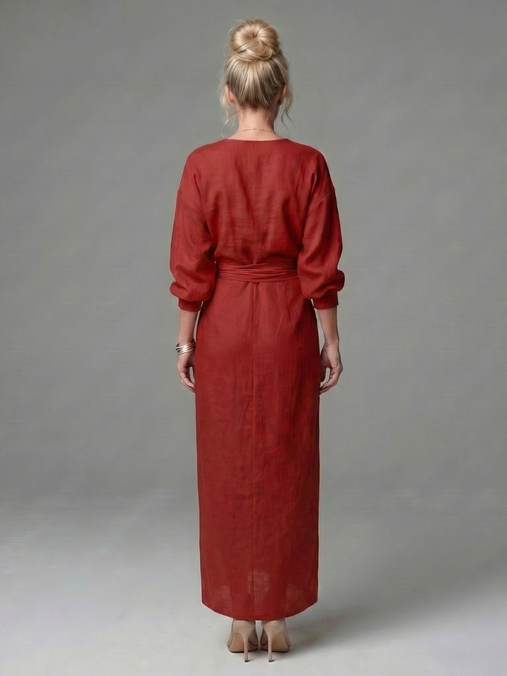 Estelle | Diagonal-Drape Long-Sleeve Fall Maxi Dress