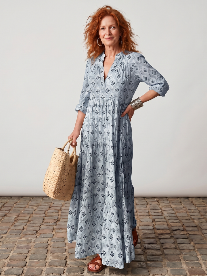Camilla | Langarm-Maxikleid für den Herbst mit Print und Schlitz-Ausschnitt