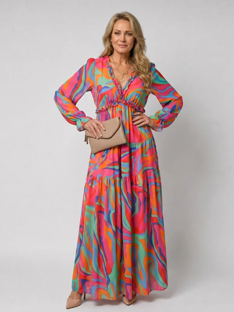Isadora | Langarm-Maxikleid für den Herbst mit Blumenmuster und Volants