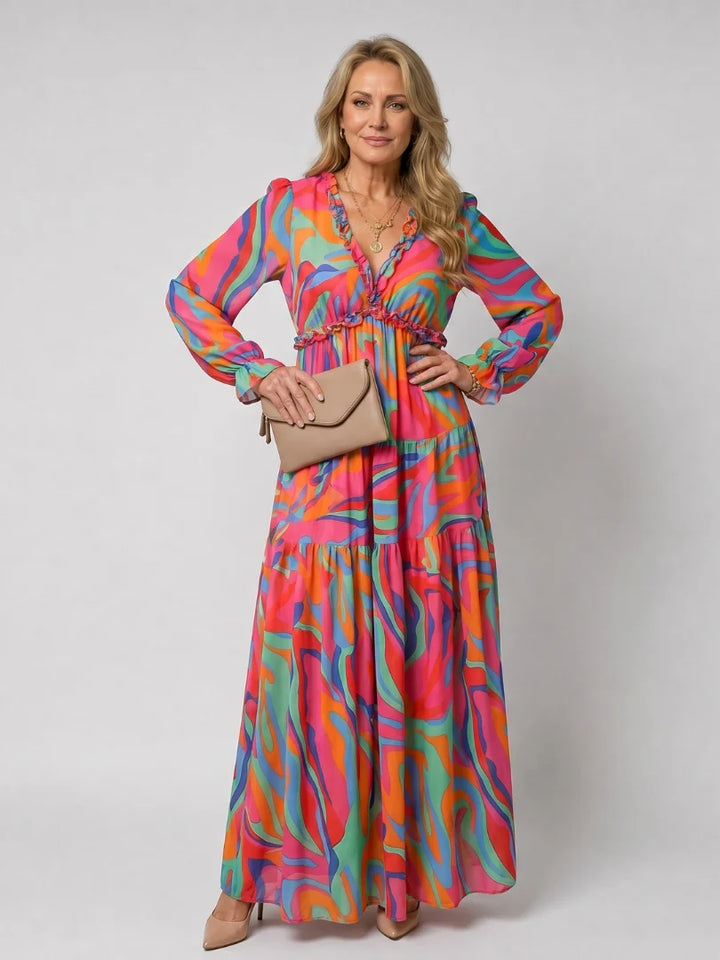 Isadora | Langarm-Maxikleid für den Herbst mit Blumenmuster und Volants