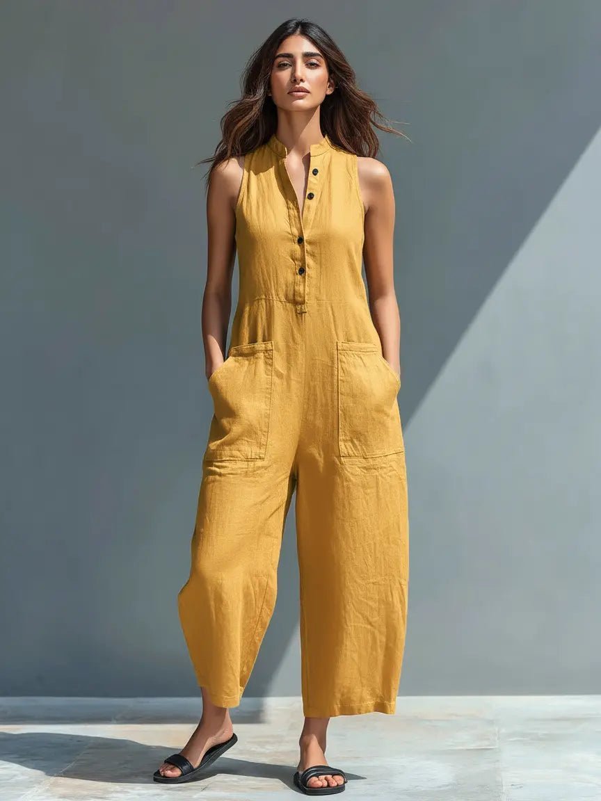 Alara | Linen Button-Up Jumpsuit – Elegant Sleeveless Style for Women