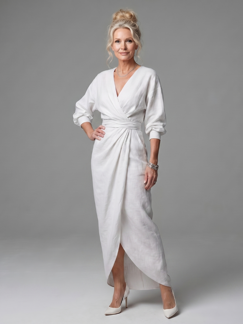 Estelle | Diagonal-Drape Long-Sleeve Fall Maxi Dress