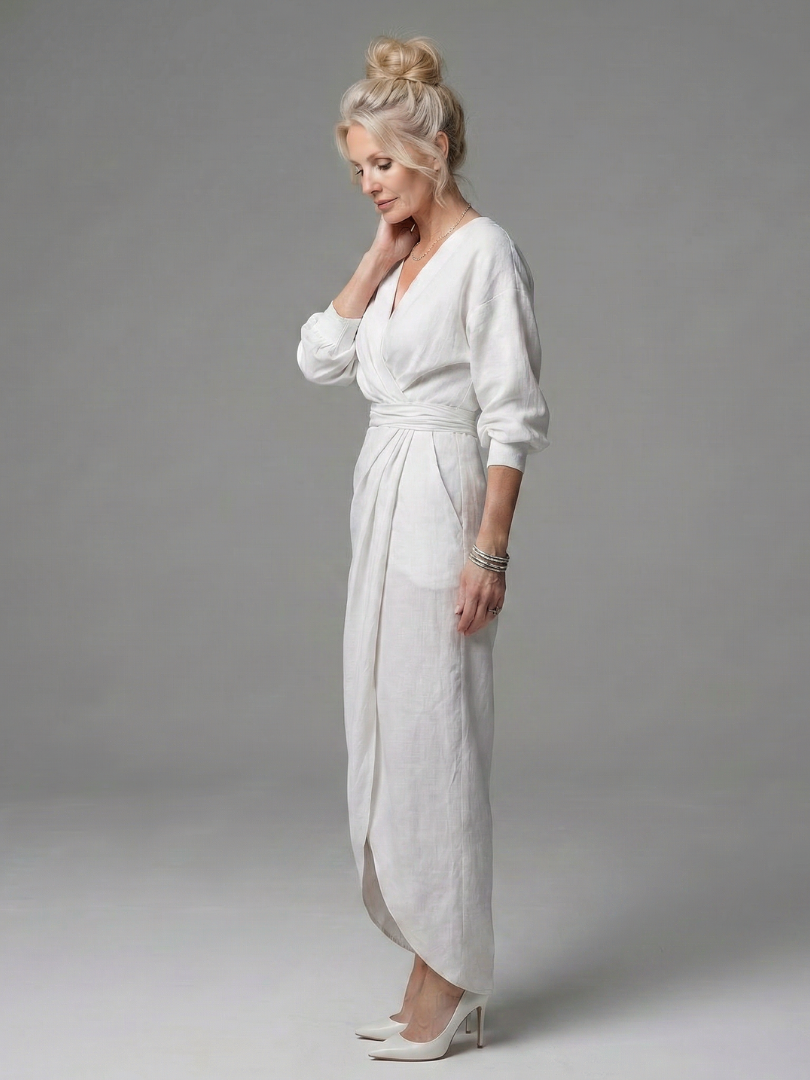 Estelle | Diagonal-Drape Long-Sleeve Fall Maxi Dress