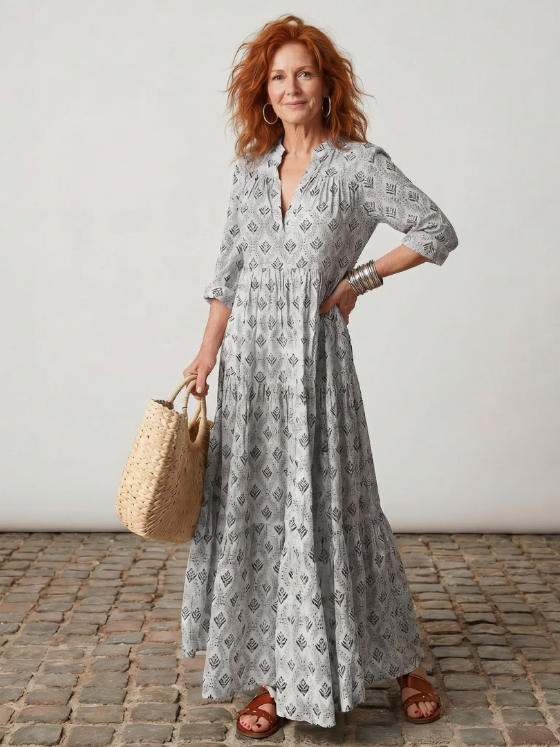 Camilla | Langarm-Maxikleid für den Herbst mit Print und Schlitz-Ausschnitt