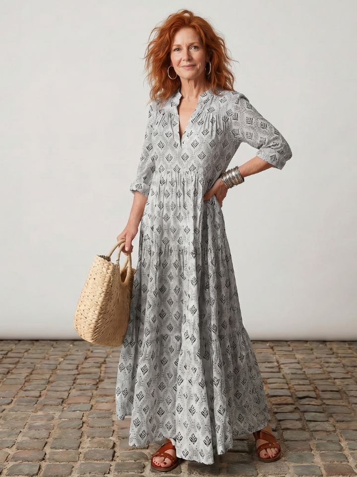 Camilla | Langarm-Maxikleid für den Herbst mit Print und Schlitz-Ausschnitt
