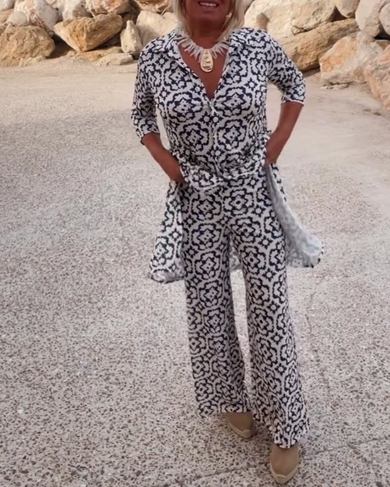 Olivia | Printed V-Neck Tunic Top And Wide Leg Trousers Set
