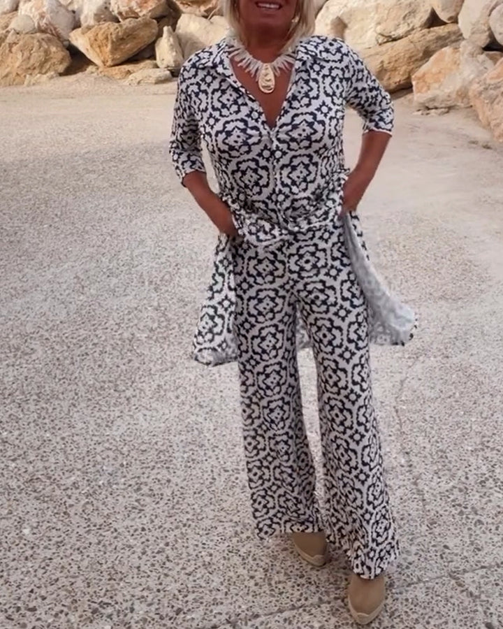 Olivia | Printed V-Neck Tunic Top And Wide Leg Trousers Set