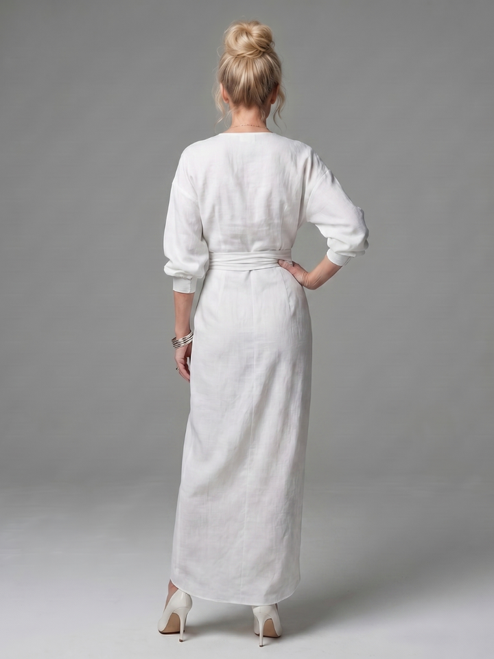 Estelle | Diagonal-Drape Long-Sleeve Fall Maxi Dress