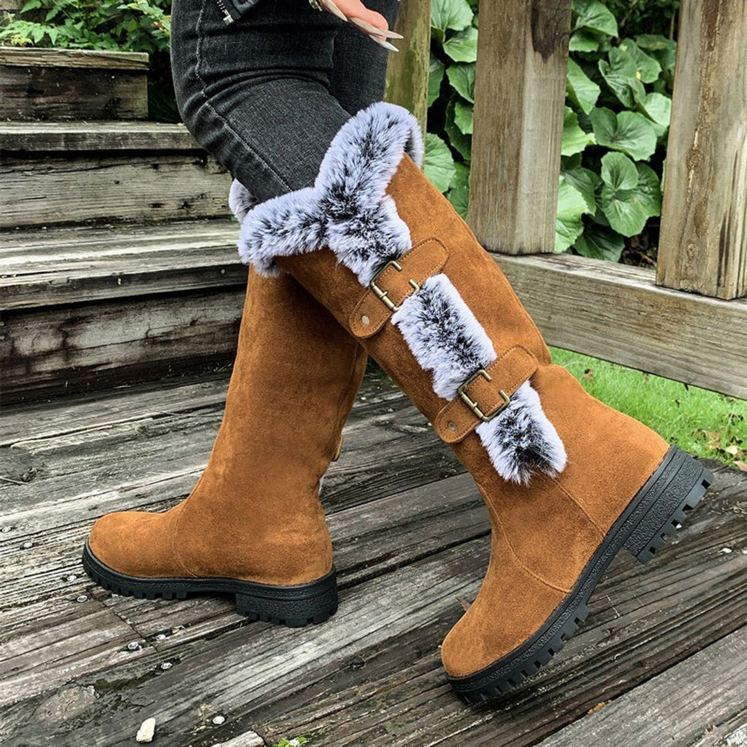 Fiona | Plush Fur-Trimmed Buckle Knee High Boots