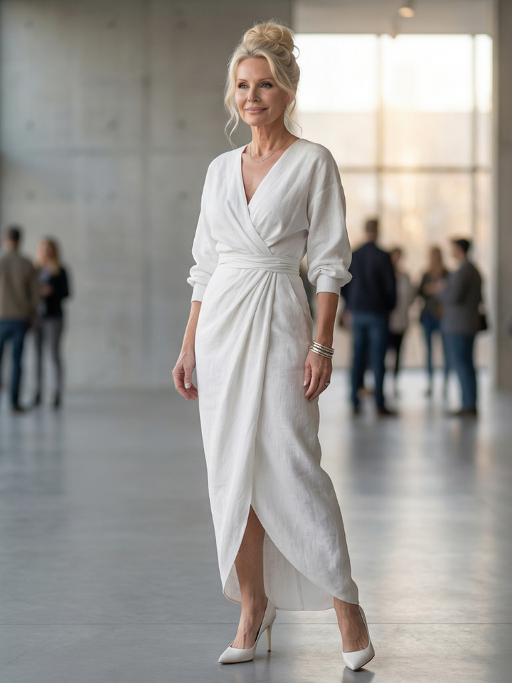 Estelle | Diagonal-Drape Long-Sleeve Fall Maxi Dress
