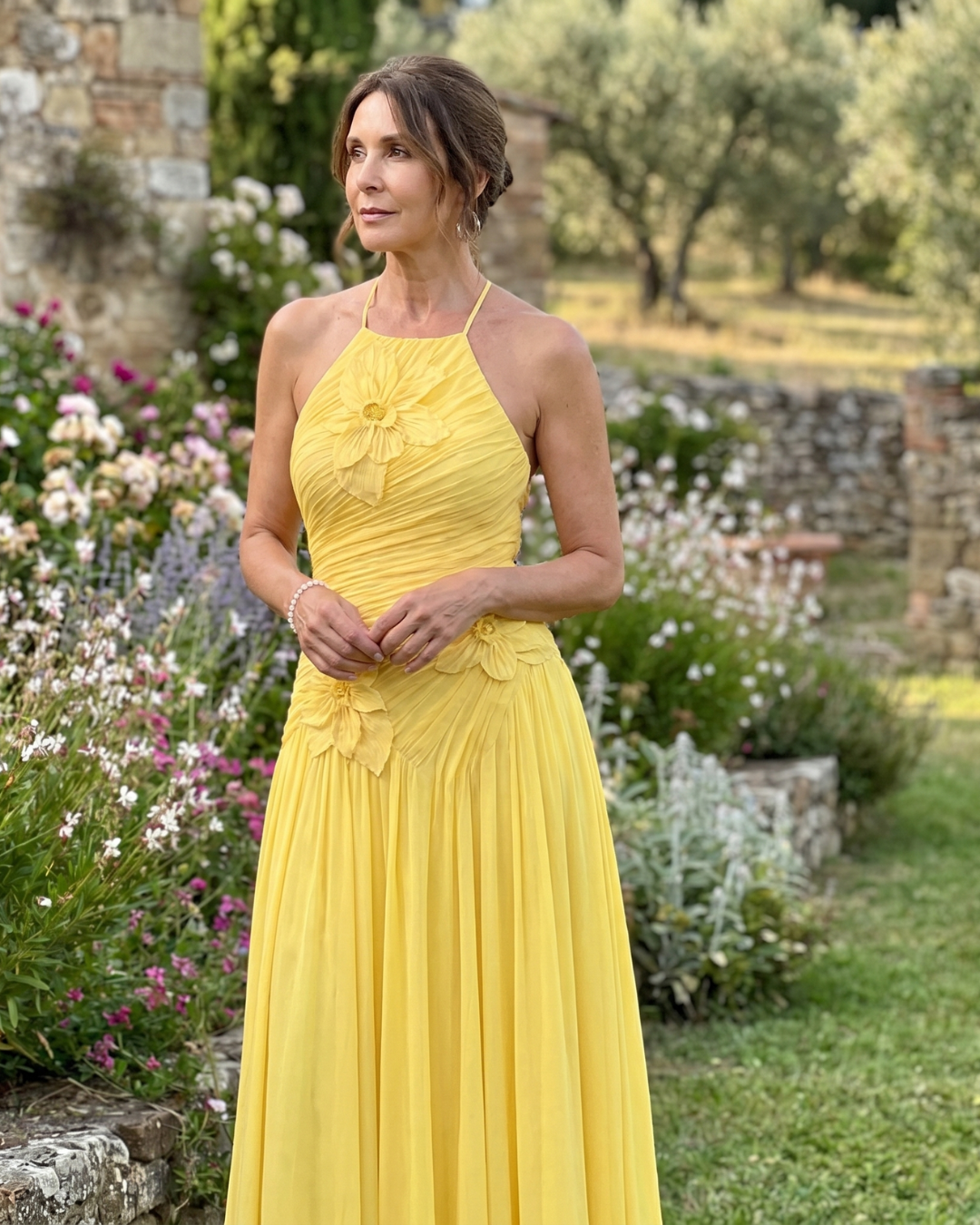 Stephene | Pleated Halter Neck Maxi Dress with Floral Detail