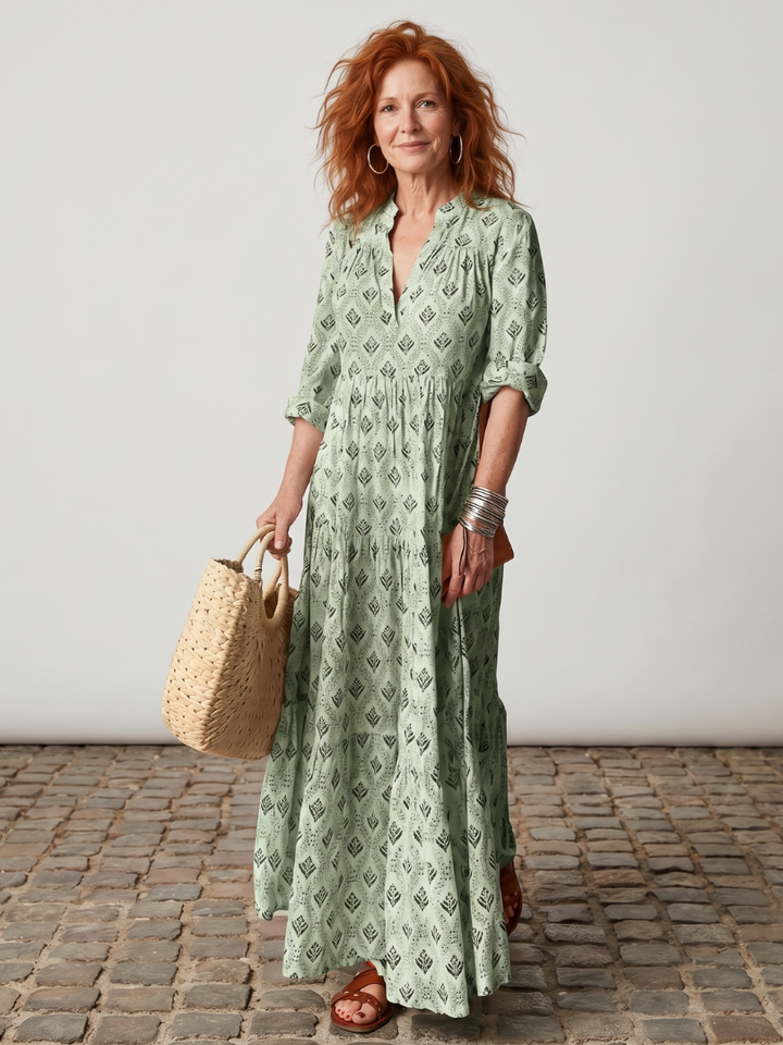 Camilla | Printed Notch-Neck Long-Sleeve Maxi Dress