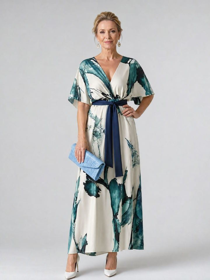 Florence | Abstract Belted Flutter-Sleeve Maxi Dress