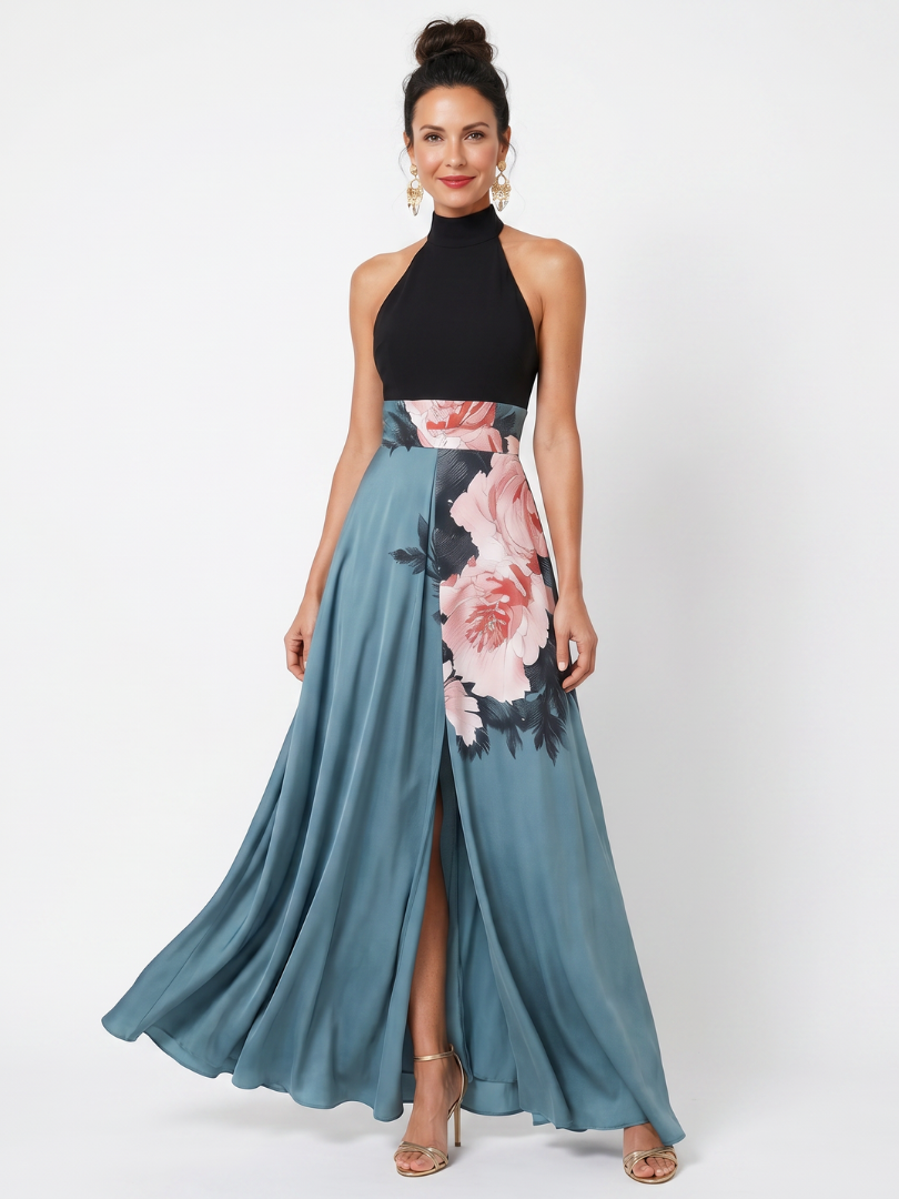 Maeve | Floral-Bodice Halter Maxi Dress