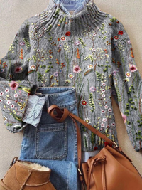 Jessica | Vintage Floral Turtleneck Knit Sweater
