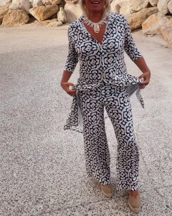 Olivia | Printed V-Neck Tunic Top And Wide Leg Trousers Set