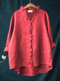 Clara | Feminine Baumwoll-Leinen-Bluse mit Rüschen und V-Ausschnitt