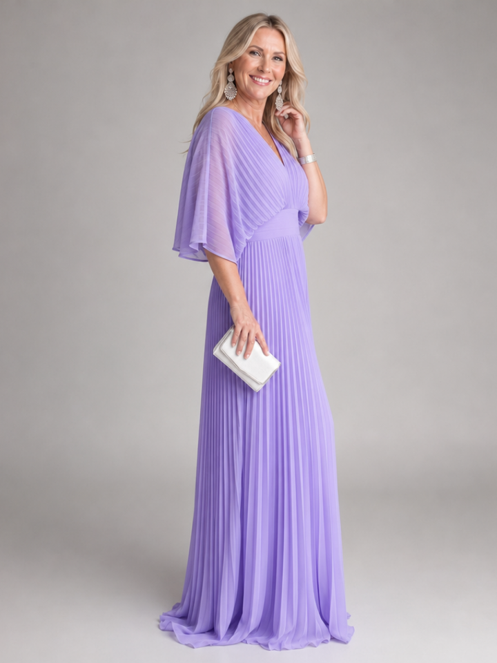 Nadia | V-Neck Long-Sleeve Pleated Fall Maxi Dress