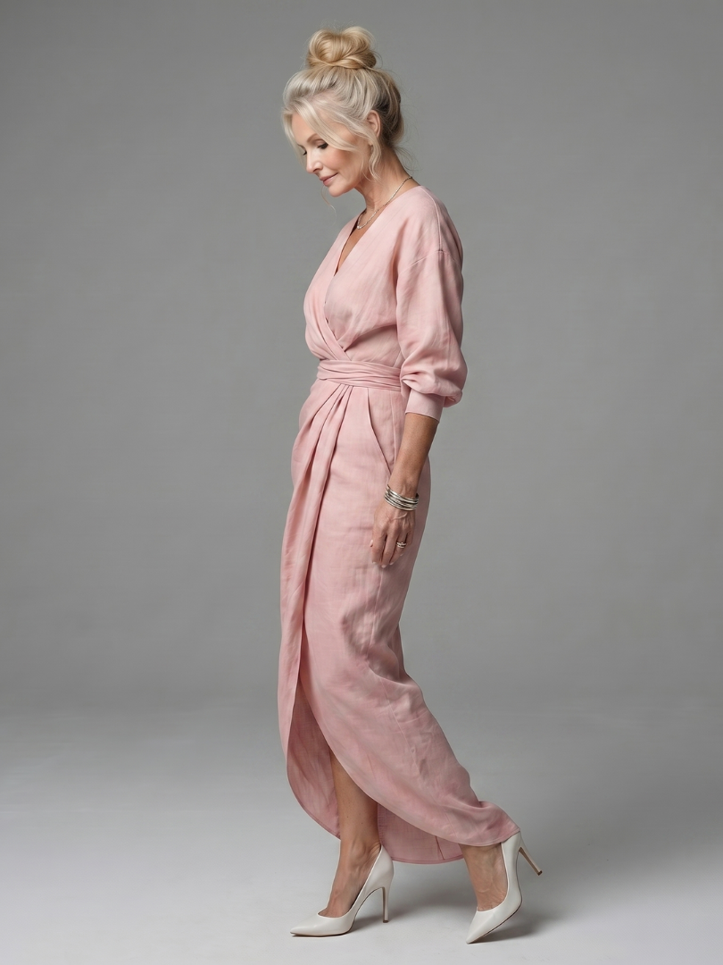 Estelle | Diagonal-Drape Long-Sleeve Fall Maxi Dress