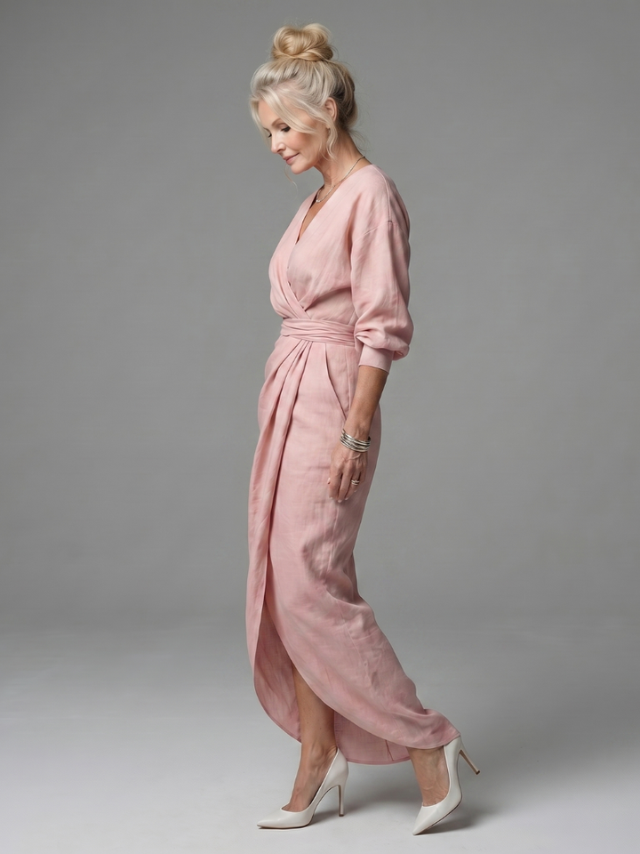 Estelle | Diagonal-Drape Long-Sleeve Fall Maxi Dress