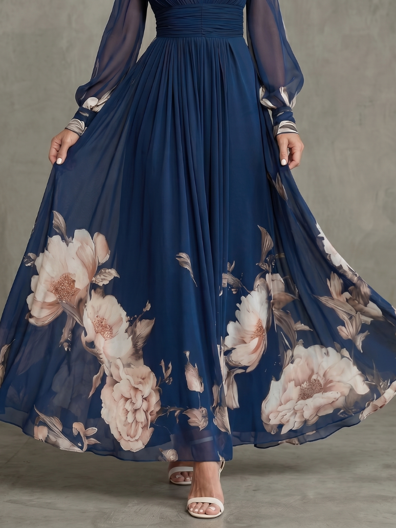 Zaria | Pleated Fall Maxi Dress with Sheer Sleeves