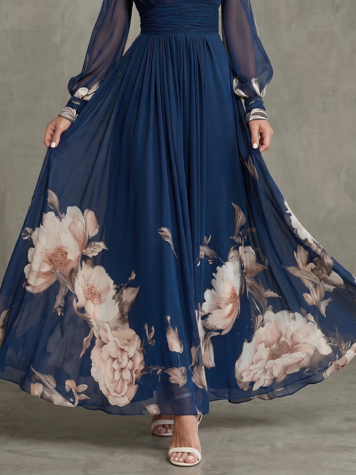 Zaria | Pleated Fall Maxi Dress with Sheer Sleeves