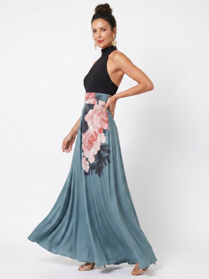 Maeve | Floral-Bodice Halter Fall Maxi Dress