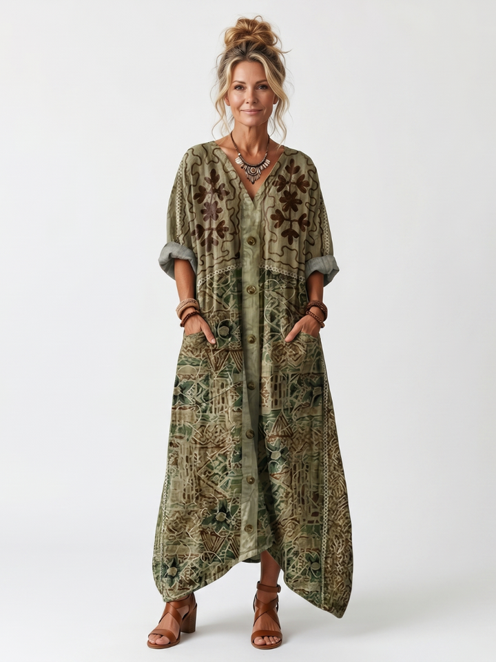Aleta | Midi Dress – Embroidered Button Front with Pockets