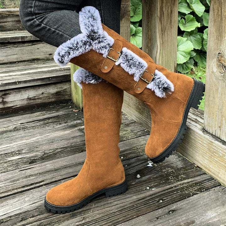 Fiona | Plush Fur-Trimmed Buckle Knee High Boots