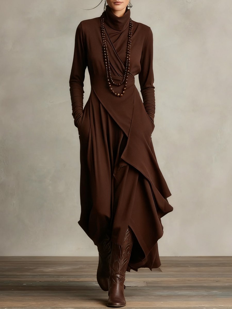 Isabella | Stylish Asymmetrical Roll-Collar Long-Sleeved Maxi Dress
