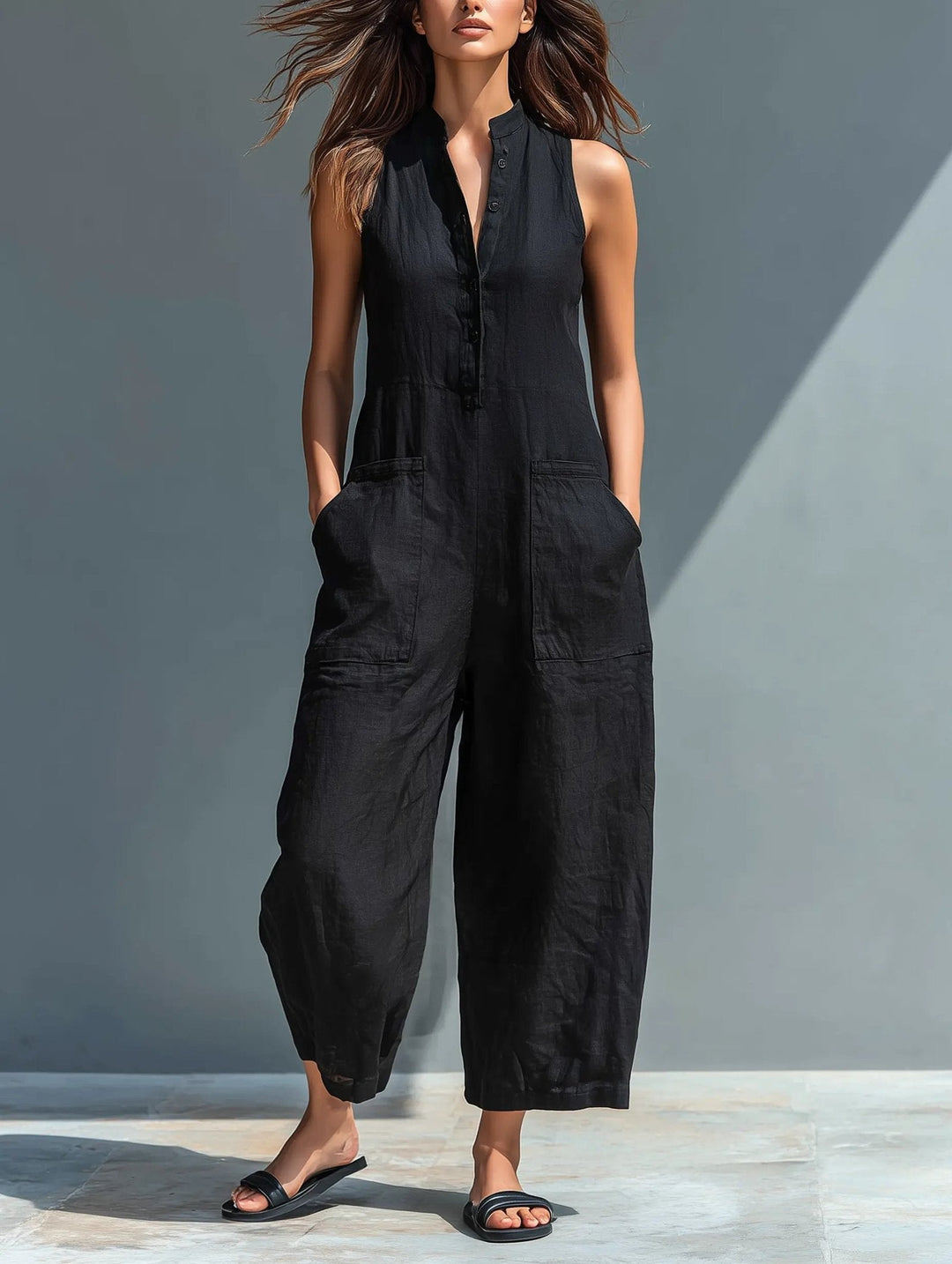 Alara | Linen Button-Up Jumpsuit – Elegant Sleeveless Style for Women