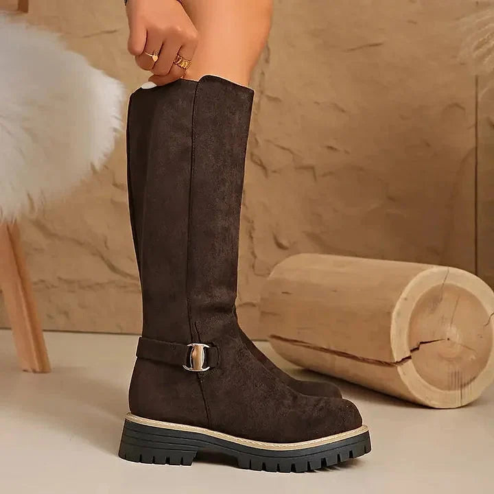 Deborah | Chic Lug Sole Buckle Accent Knee High Boots