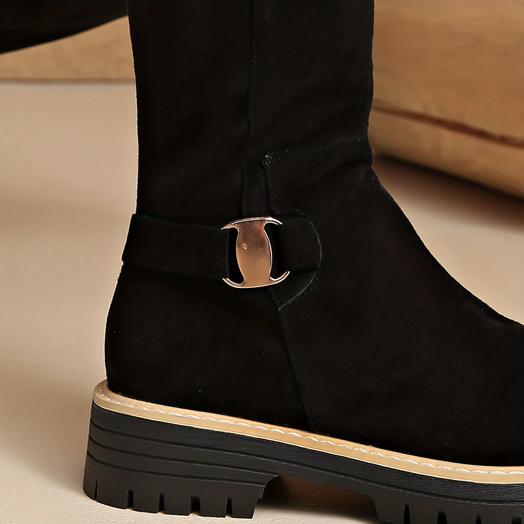 Karen | Kniehohe Blockabsatzstiefel in Velourslederoptik mit Profilsohle