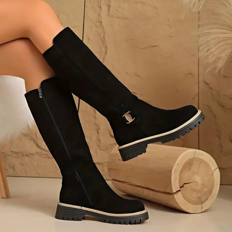 Deborah | Chic Lug Sole Buckle Accent Knee High Boots