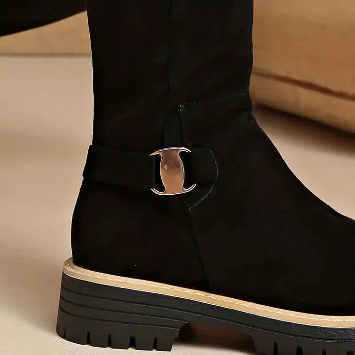 Deborah | Chic Lug Sole Buckle Accent Knee High Boots