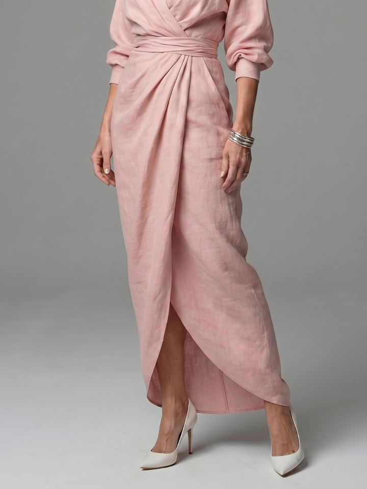 Estelle | Diagonal-Drape Long-Sleeve Fall Maxi Dress