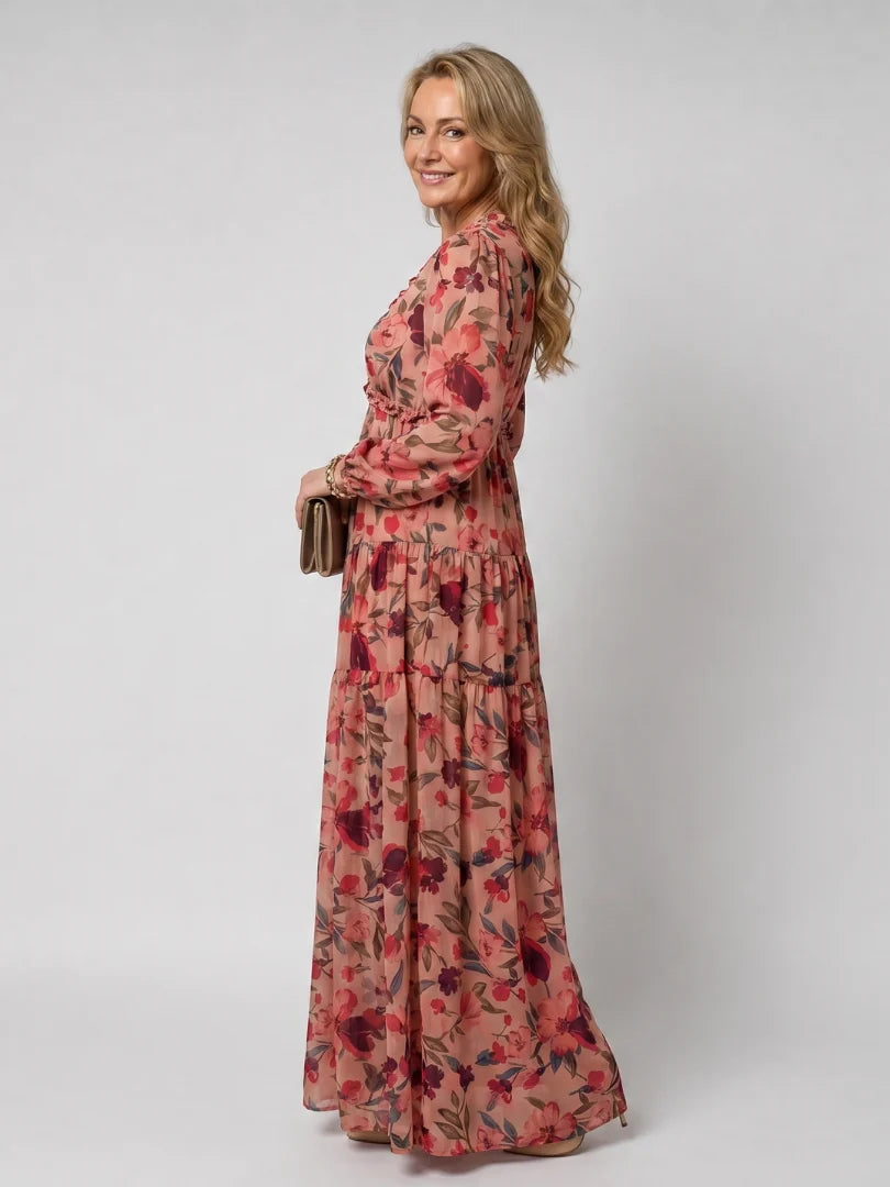 Isadora | Langarm-Maxikleid für den Herbst mit Blumenmuster und Volants