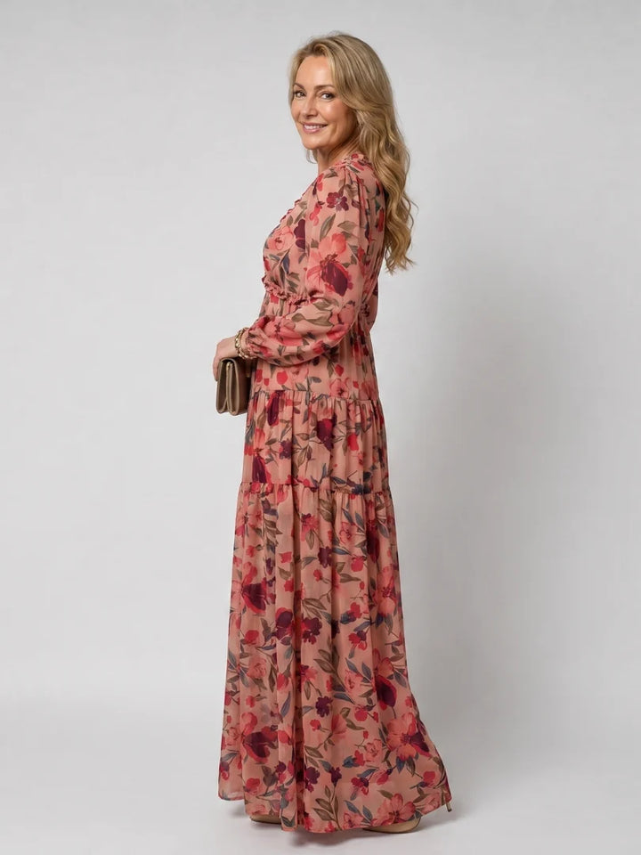 Isadora | Langarm-Maxikleid für den Herbst mit Blumenmuster und Volants