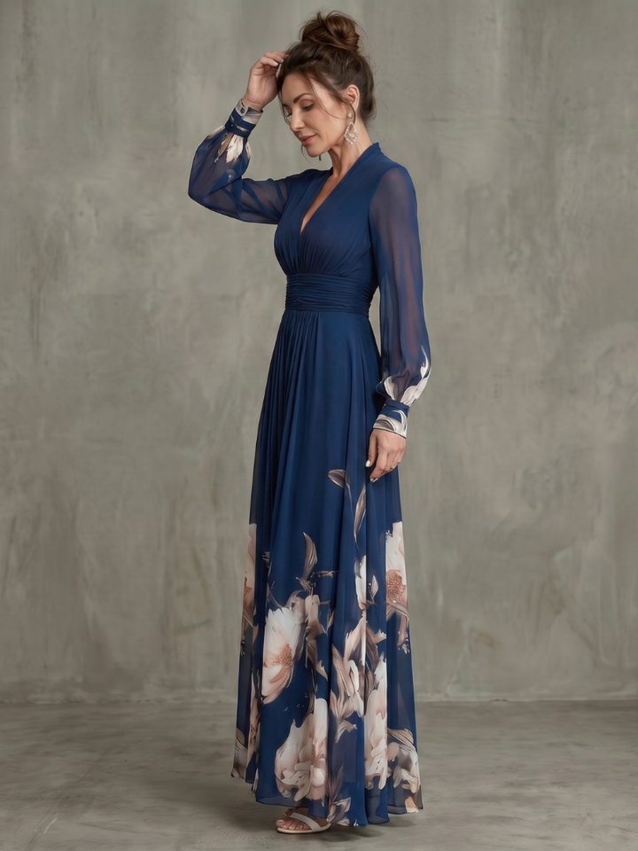 Zaria | Pleated Fall Maxi Dress with Sheer Sleeves